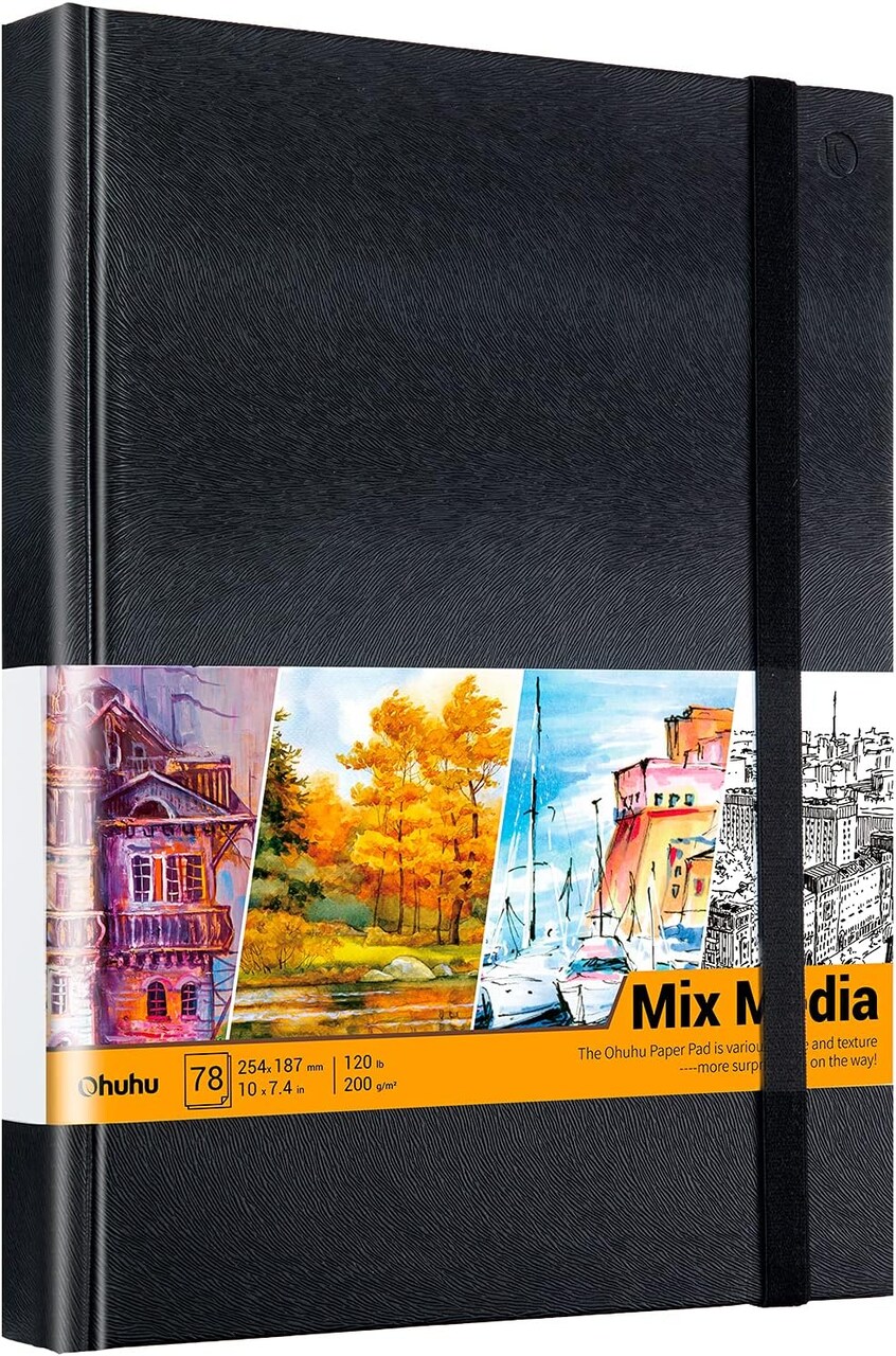 Mix Media Pad, Ohuhu Mixed Media Art Sketchbook, 120 LB/200 GSM Heavyweight Papers, 78 Sheets/156 Pages, PU Hardcover Mixed Media Paper Pad for Acrylic, Painting Christmas Gift